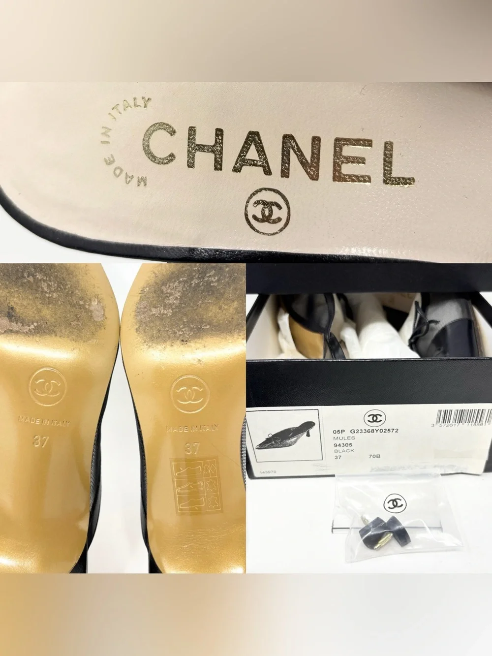 Chanel Black Mesh CC Bow Mules Heels Size 37 US 7 Vintage Y2K 90s